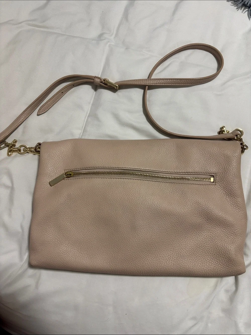 Tory Burch Blush Pink Pebbled Leather Foldover Crossbody with Gold Chain